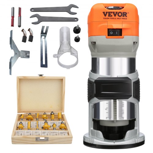  Wood Router, 1.25hp 800w, Compact Wood Trimmer Router Tool, 30000rpm Max Speed 6 Variable Speeds, With 1/4'' & 5/16'' Collets 12 Pcs Milling Cut