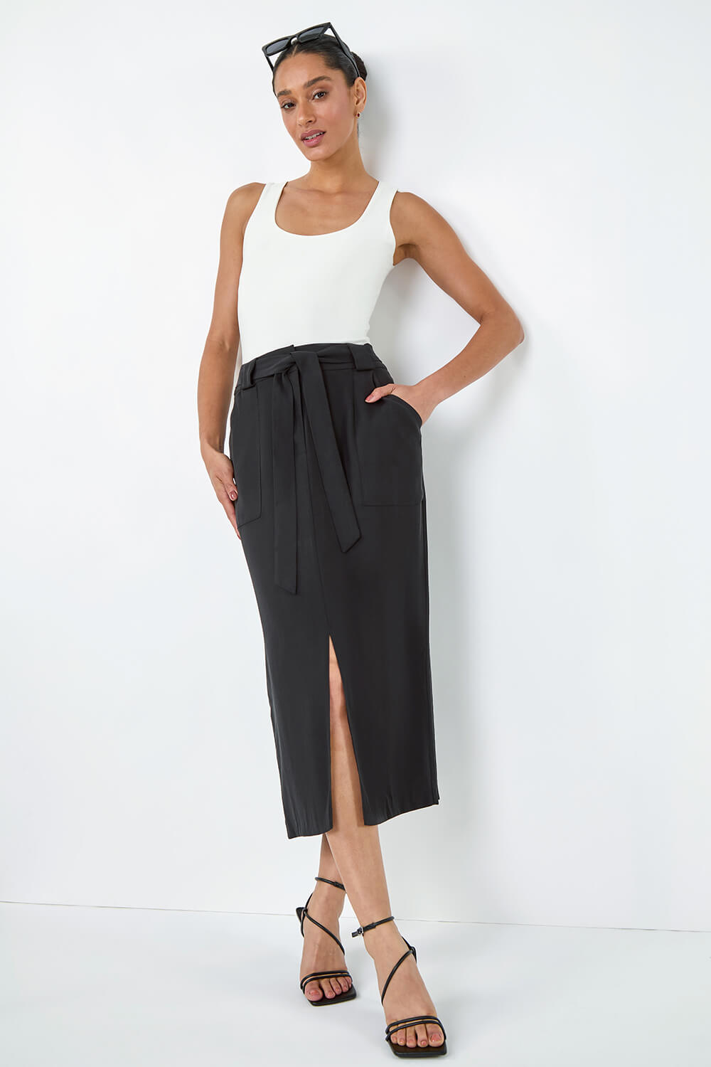 Belted A-Line Midi Skirt