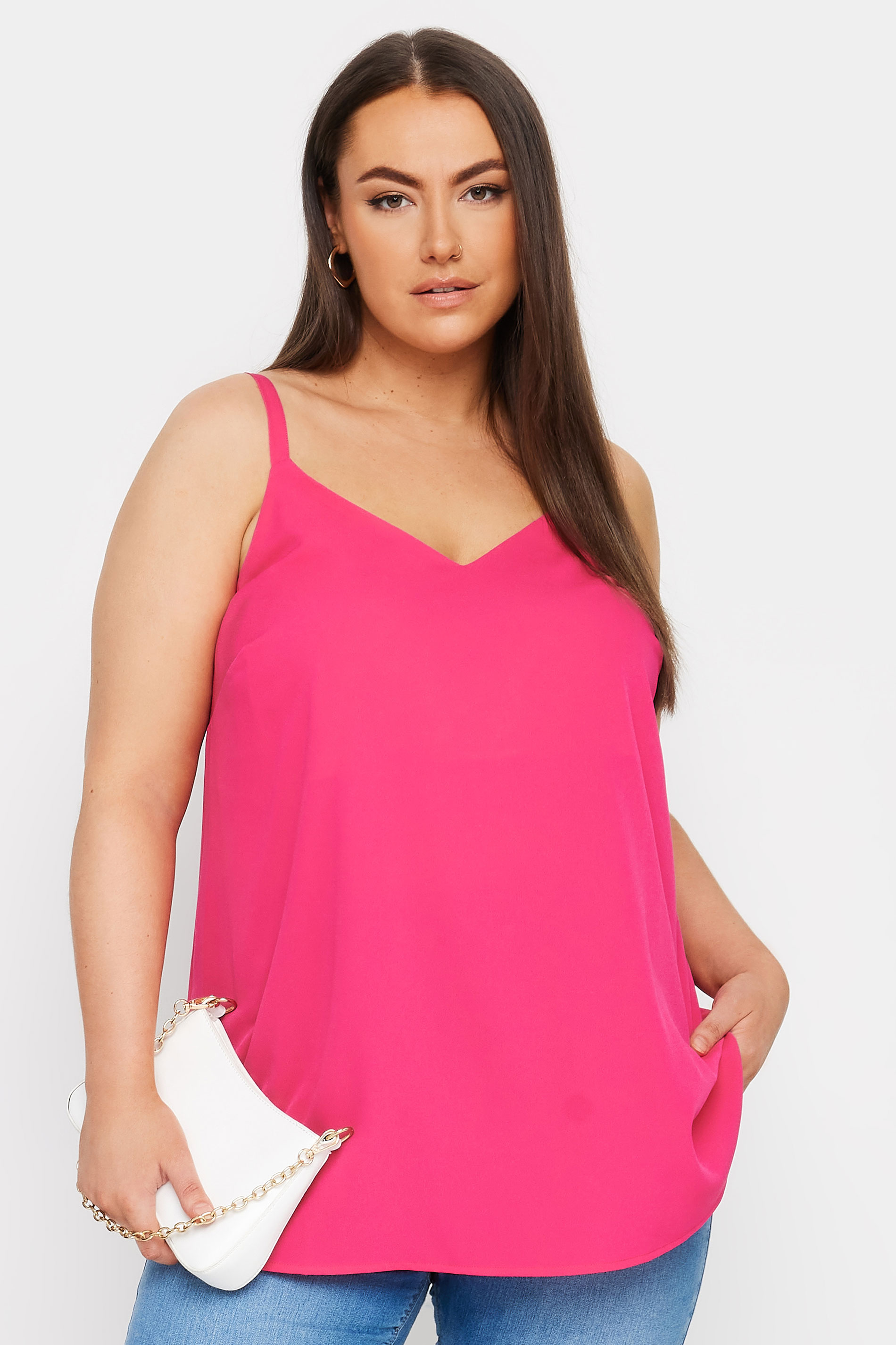  Débardeur Rose Flashy Volanté Fines Bretelles , Grande Taille & Courbes, 
