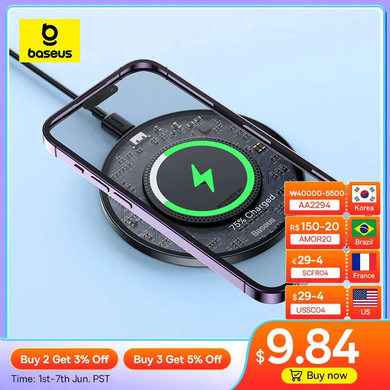Baseus 15W Fast Wireless Charger For iPhone 15 14 13 For Airpods Visible Qi Wireless Charging Pad