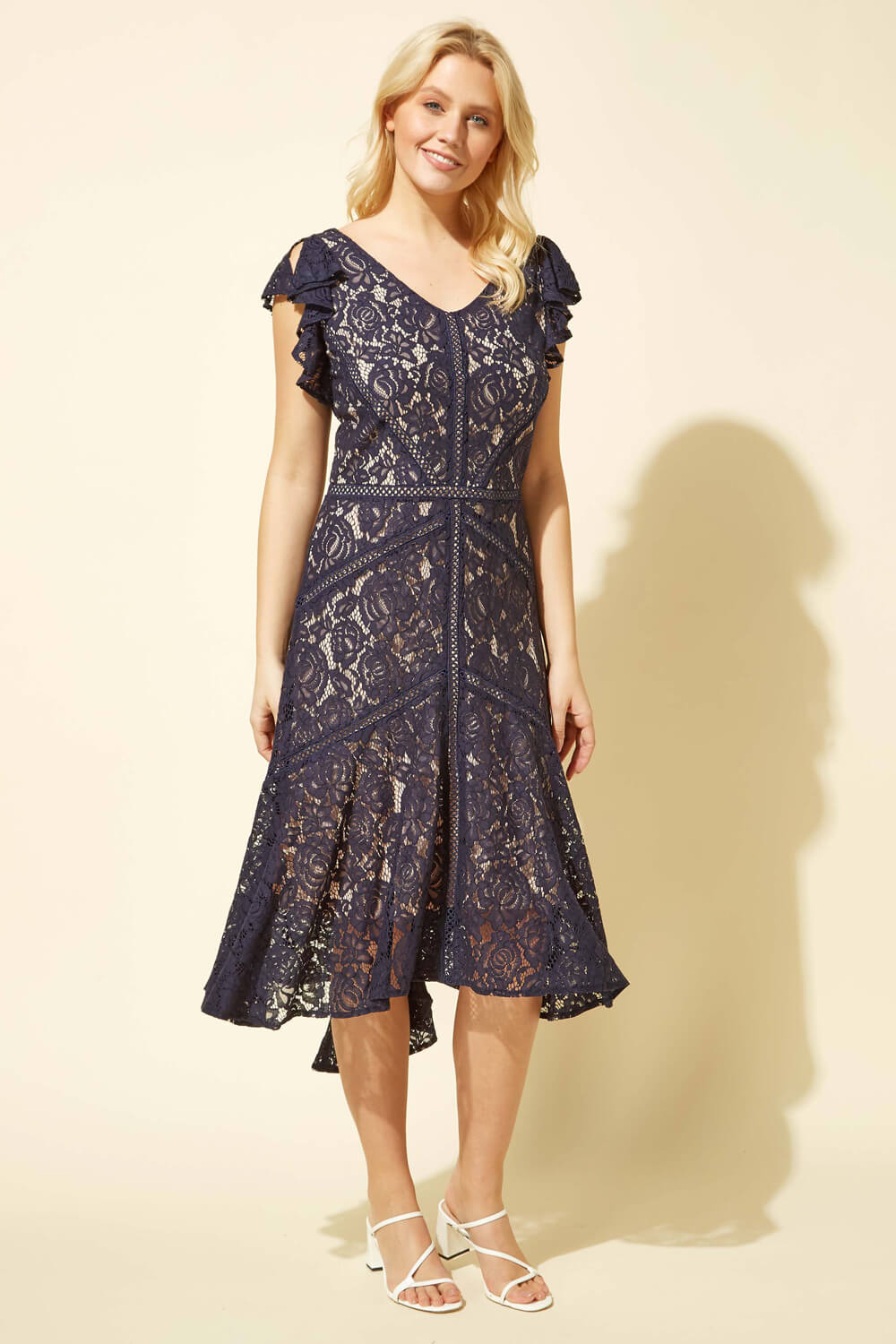 Roman Originals Lace Hi Low Hem Midi Dress in Navy