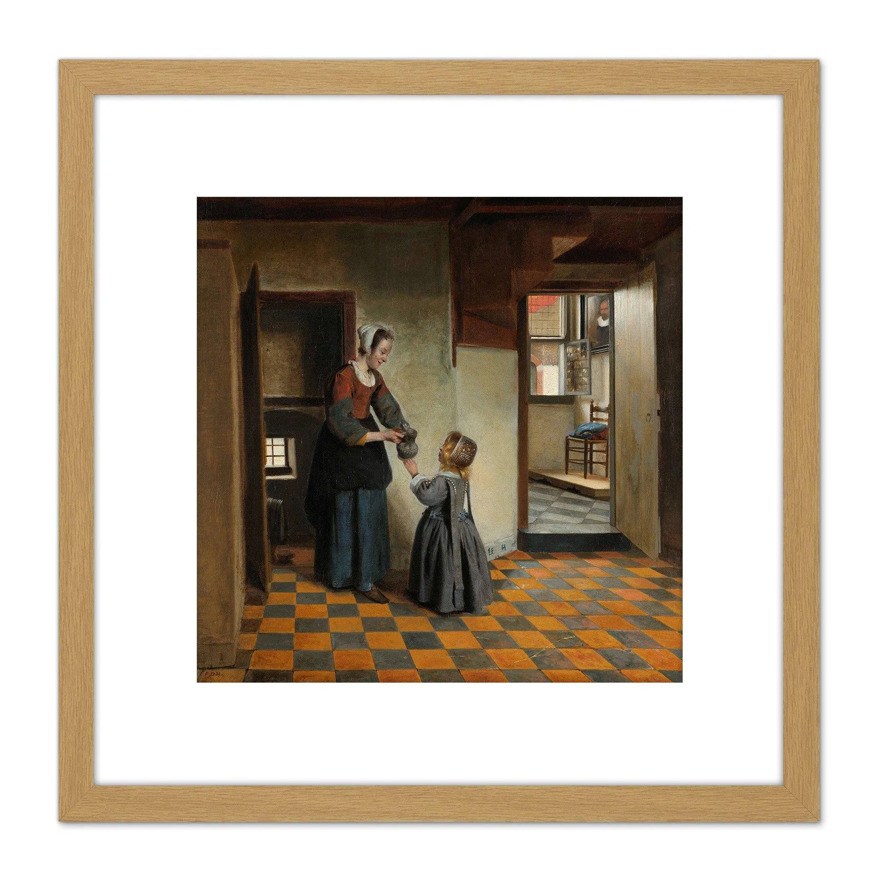 Artery8 Pieter De Hooch Woman With A Child In A Pantry 8X8 Inch Square Wooden Framed Wall Art Print Picture with Mount