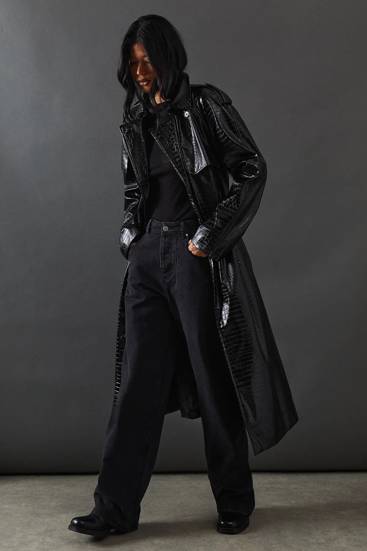 Croc Faux Leather Belted Trench Coat