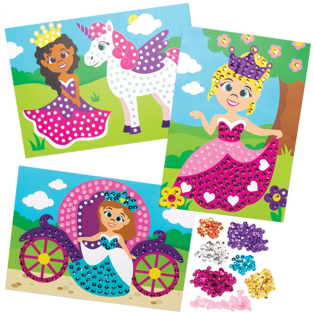 Baker Ross Princess Sequin Art Kits - 4 Sequin Pictures In Assorted Designs. Sequin Craft. Size 15cm x 21cm.