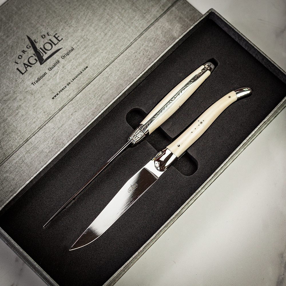 Forge De Laguiole Set of 2 Steak Knives - Shiny Bone Finish