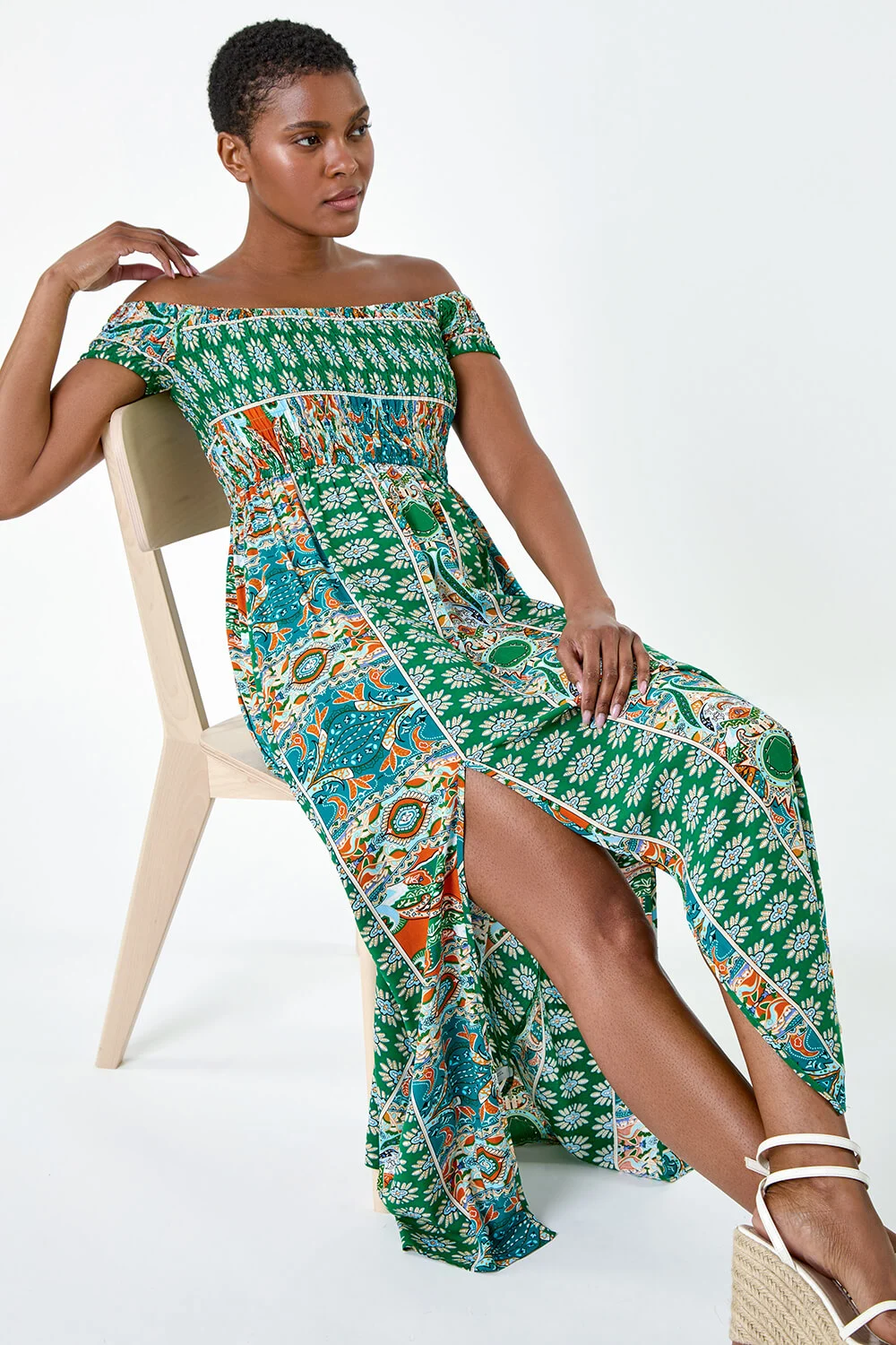 Patchwork Shirred Bardot Maxi Dress