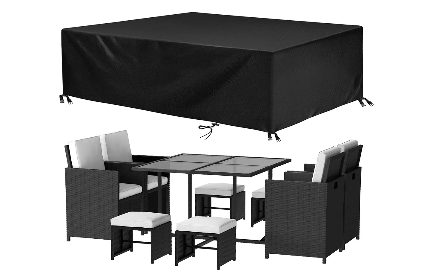 RattanTree 9 PCS Garden Furniture Set 8 Seater Rattan Dining Set Outdoor Table Chairs with Protective Cover Black