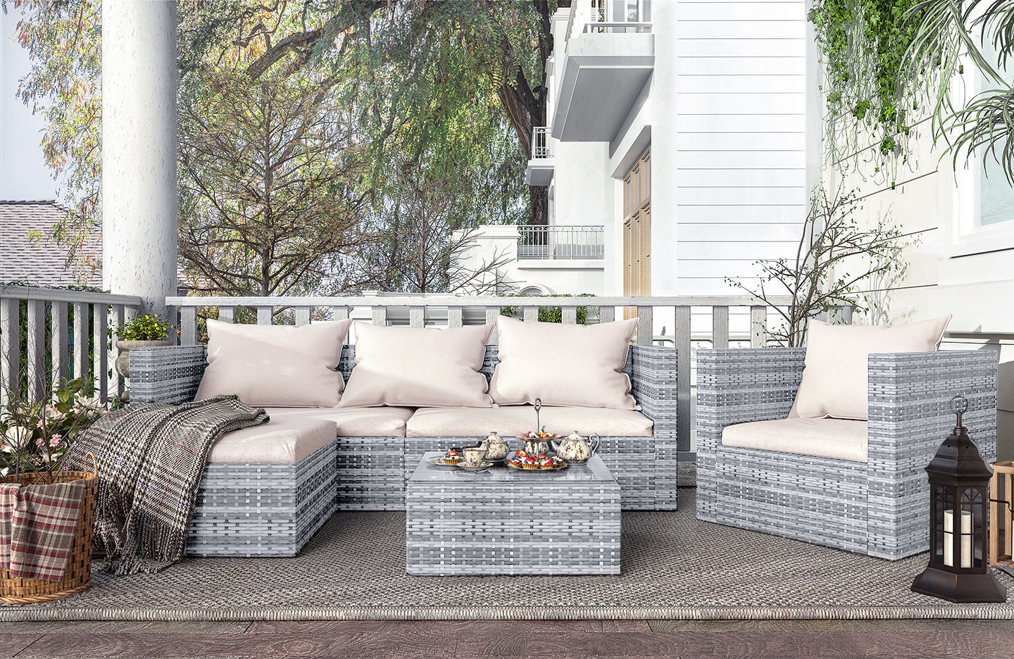 RattanTree 5 Seater Garden Furniture Outdoor Rattan Modular Corner Sofa Set Brown