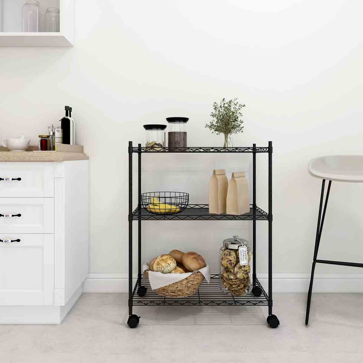 VidaXL 3-Tier Storage Rack with Wheels 60x35x81 cm Black 150 kg