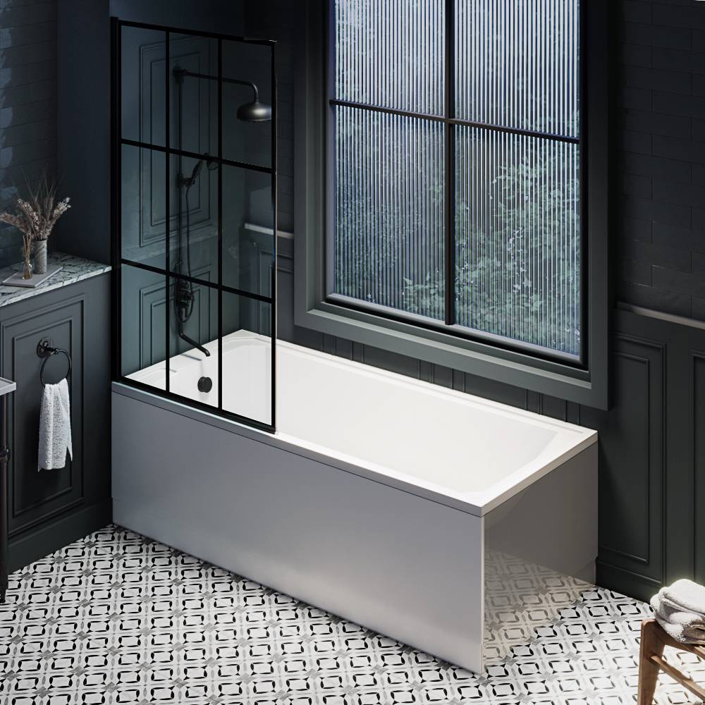 HudsonReed Milano Richmond - 1700mm x 750mm Traditional Single Ended Shower Bath with Black Grid Bath Screen and Side Panel