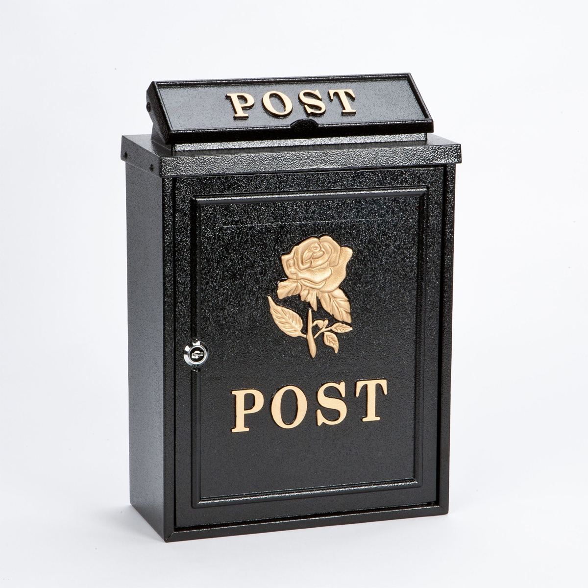 Arboria Cast Aluminium Post Box, Black - Gold Rose