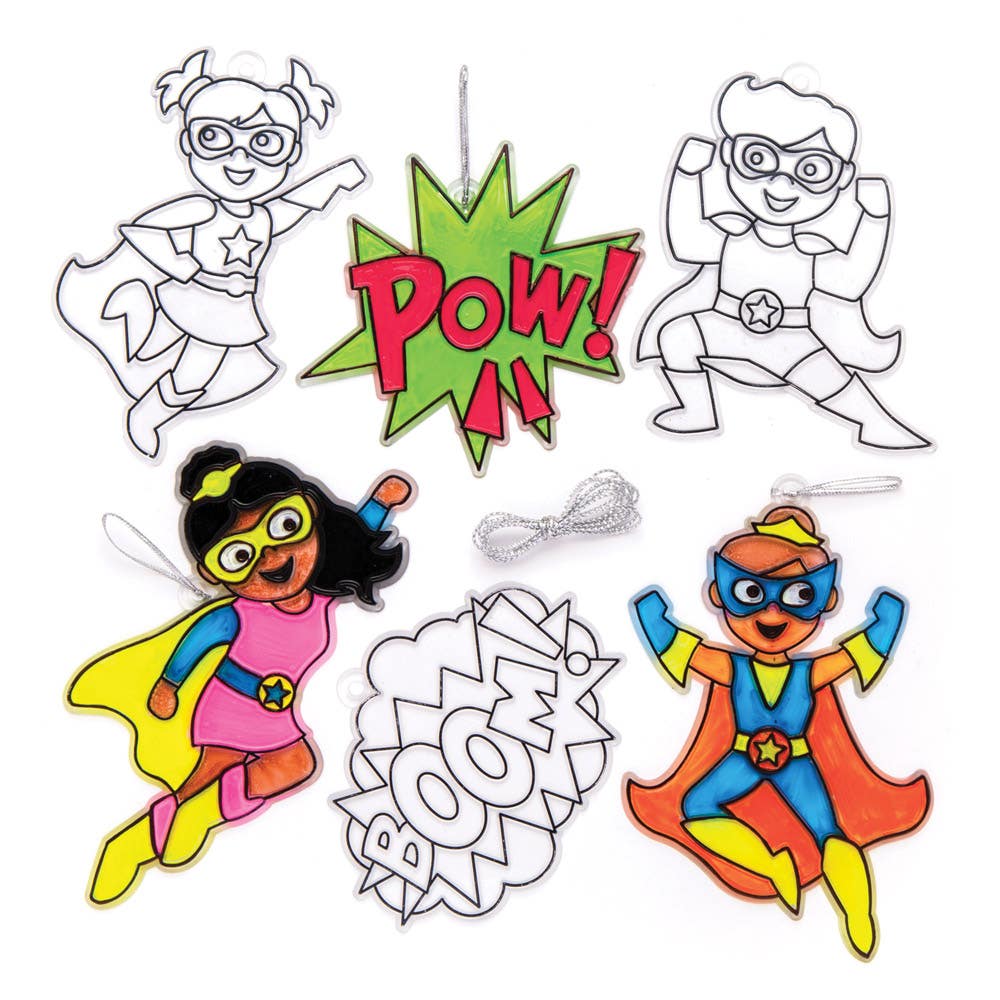 Baker Ross Super Hero Craft Suncatchers - 8 Acrylic DIY Suncatchers. Suncatcher Painting For Kids. Stained Glass Suncatchers. Size 8-14cm.