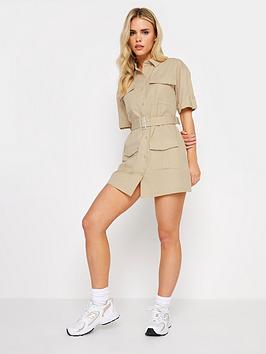 PixieGirl Beige Brown Utility Mini Dress 10 | Petite Women's Mini Dresses
