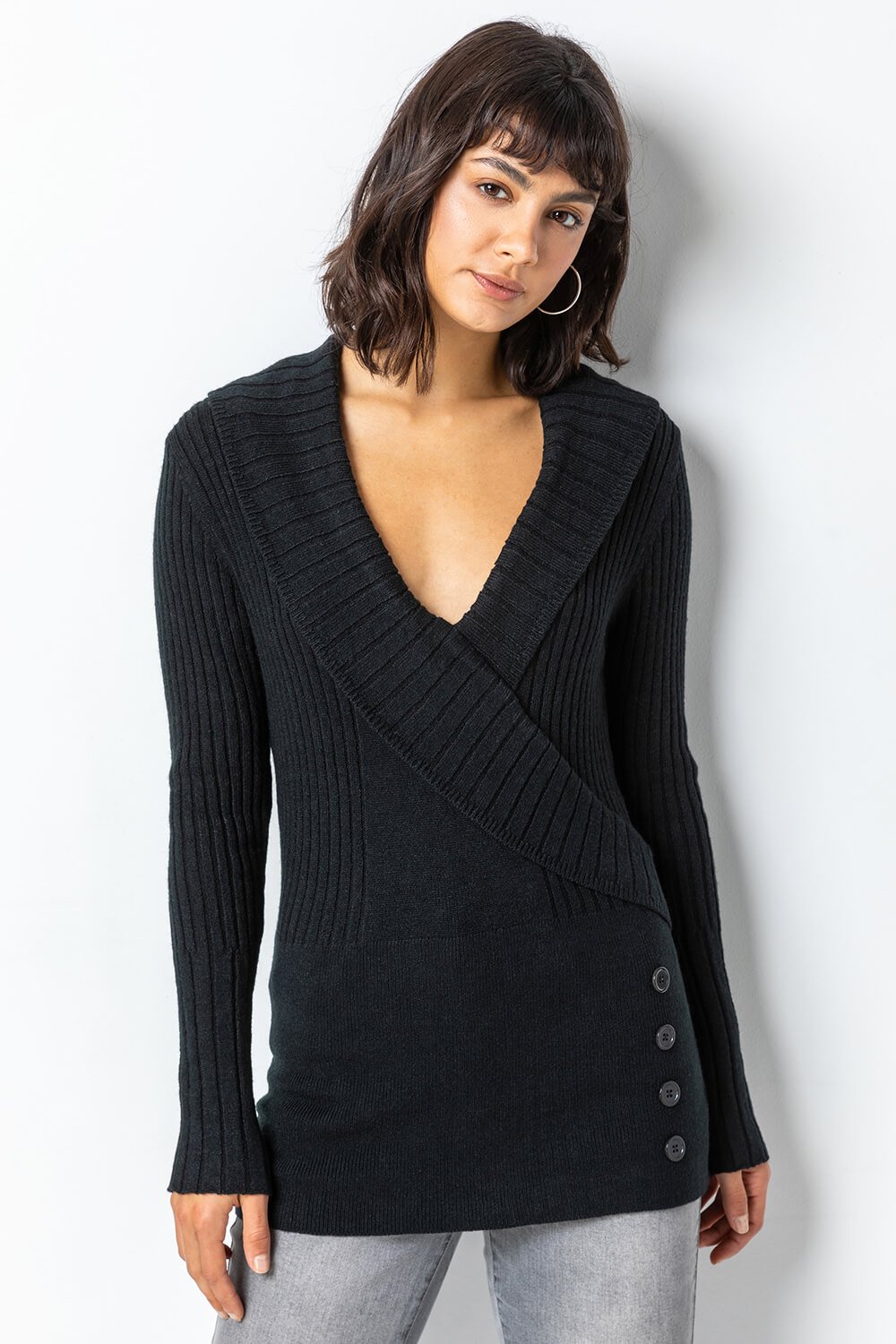 Roman Women's Ribbed Overlap Tunic Jumper|Size: 10|black