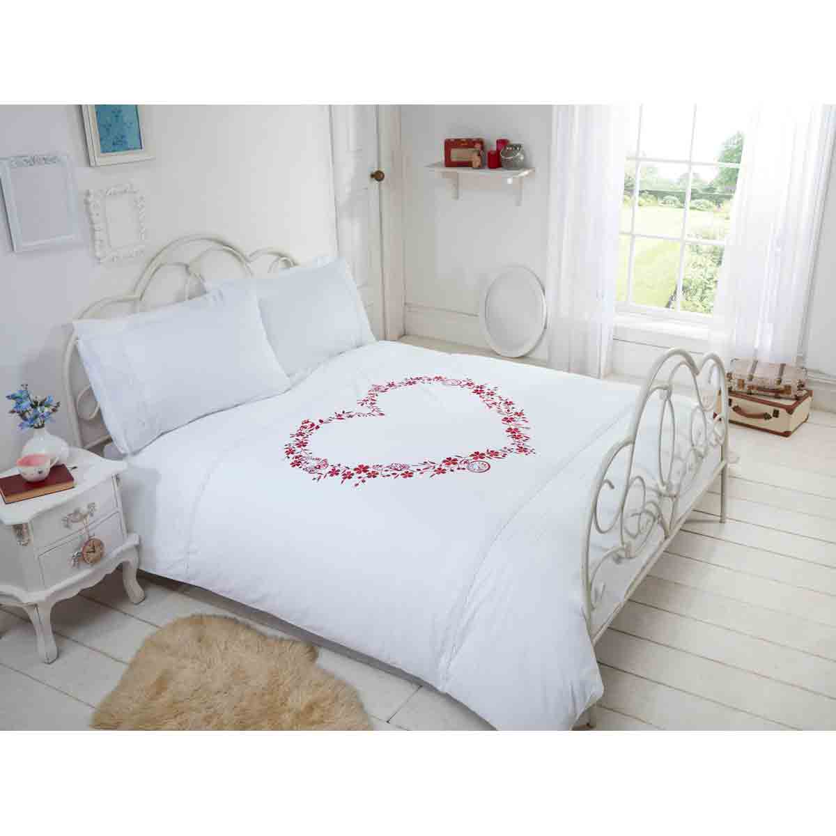 Heart Embroidered White Duvet Cover Set - Super King