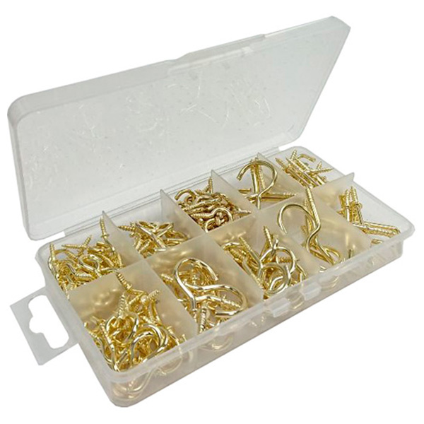 DIY Direct Assortment of Brassed Cup Hooks and Dresser Hooks, 120 Pieces in a 10 Compartment Carry Case.