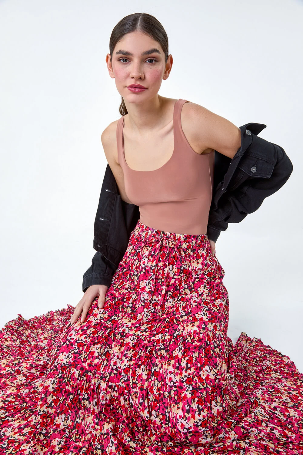  Floral Crinkle Cotton Tiered Maxi Skirt in Pink