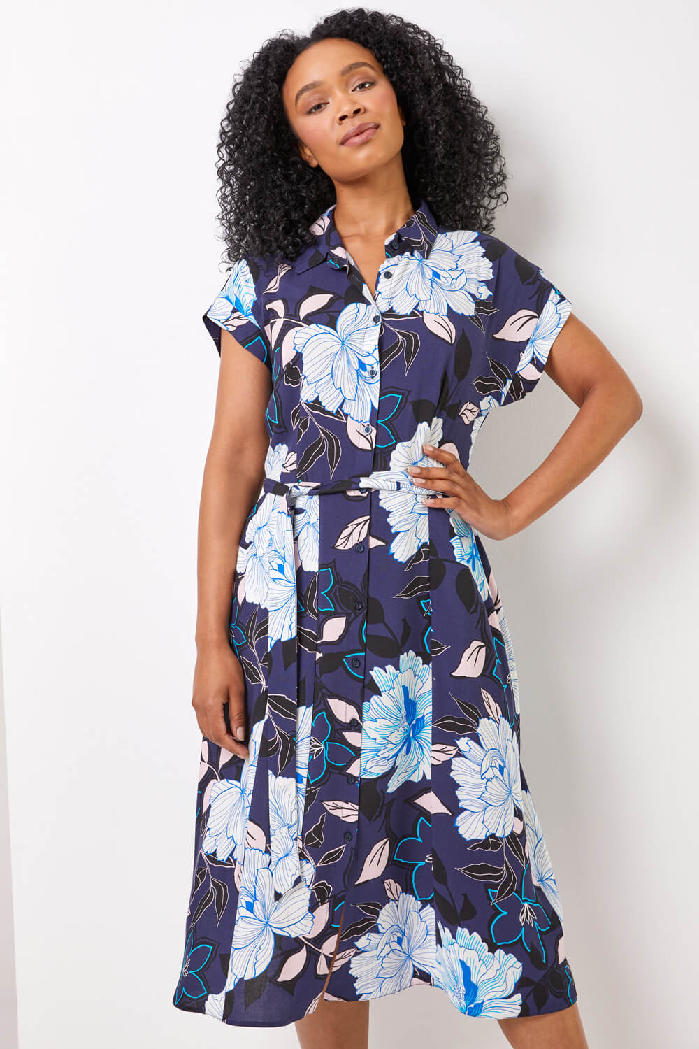 Roman Originals Petite Floral Print Belted Shirt Dress in Navy