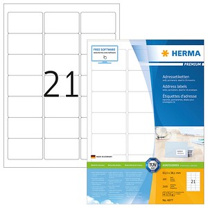 Herma Premium Permanent Self-Adhesive Paper Address Label, 63.5 x 38.1 mm, 100 Sheets, 21 Labels per A4 Sheet, White