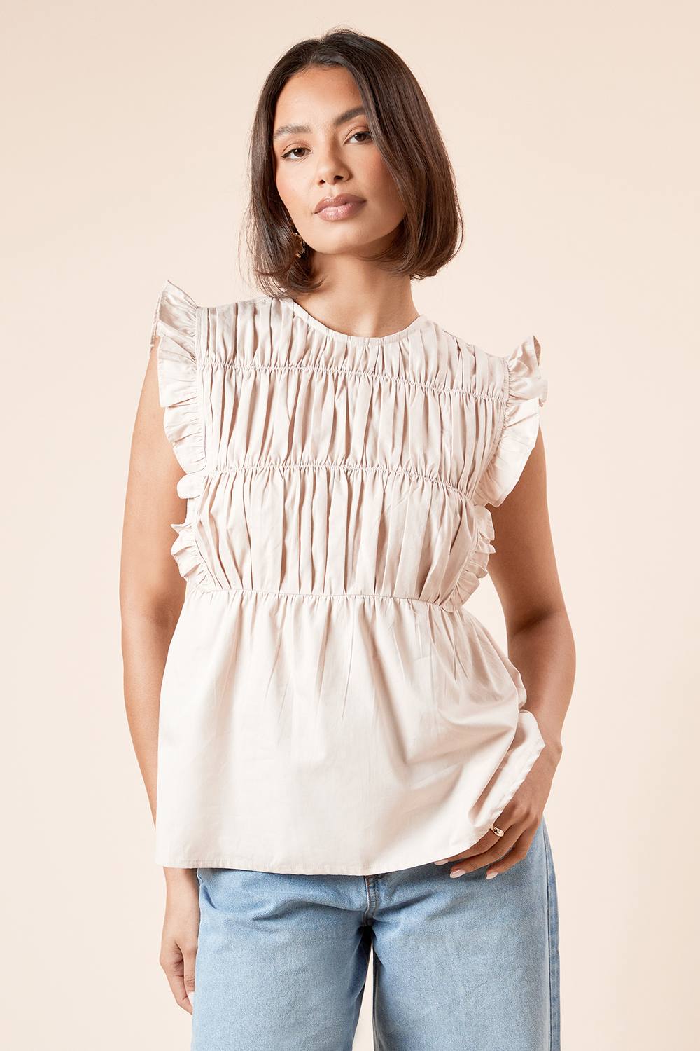 Womens Ruched Bodice Ruffle Shoulder Top