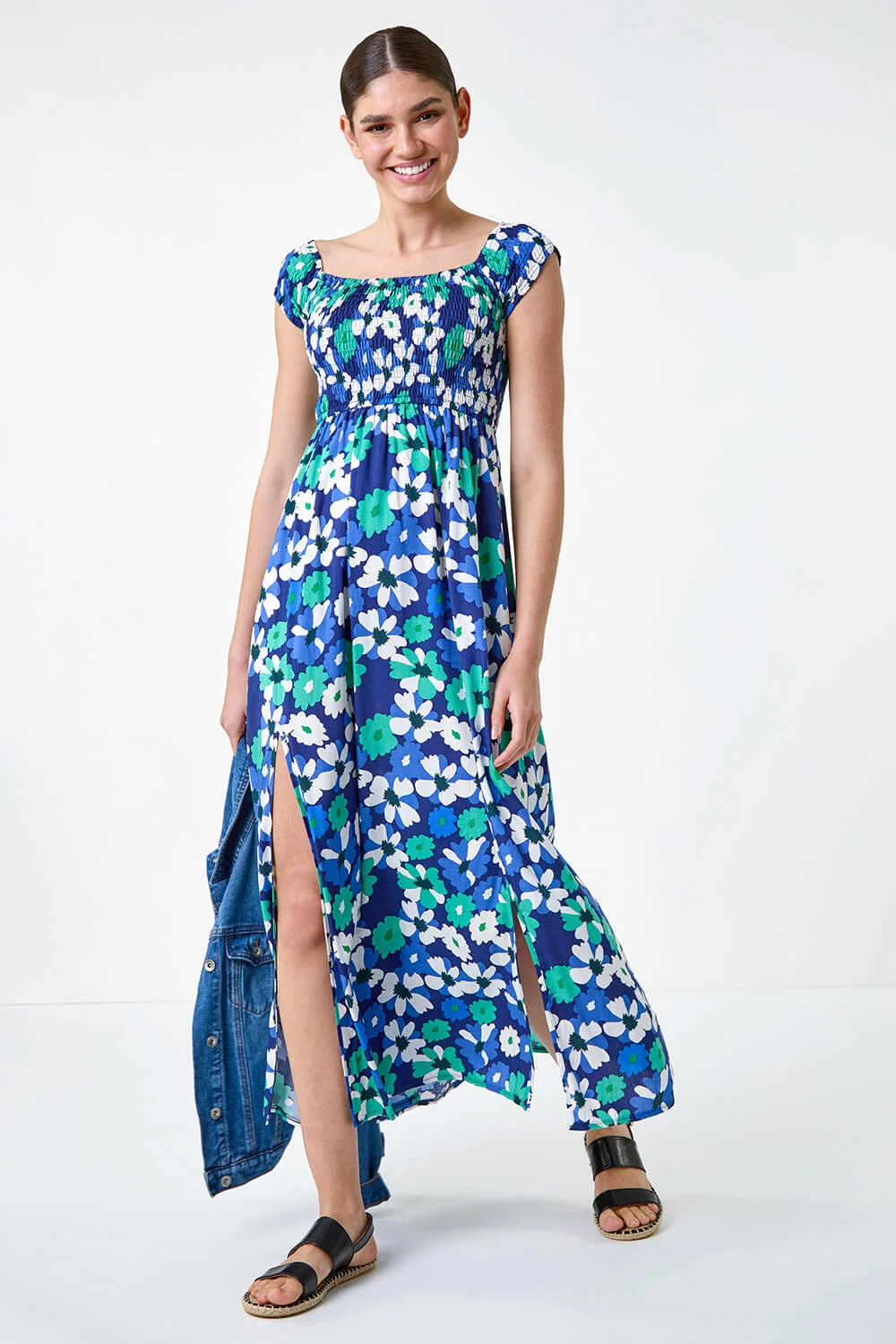 Floral Shirred Bardot Maxi Dress
