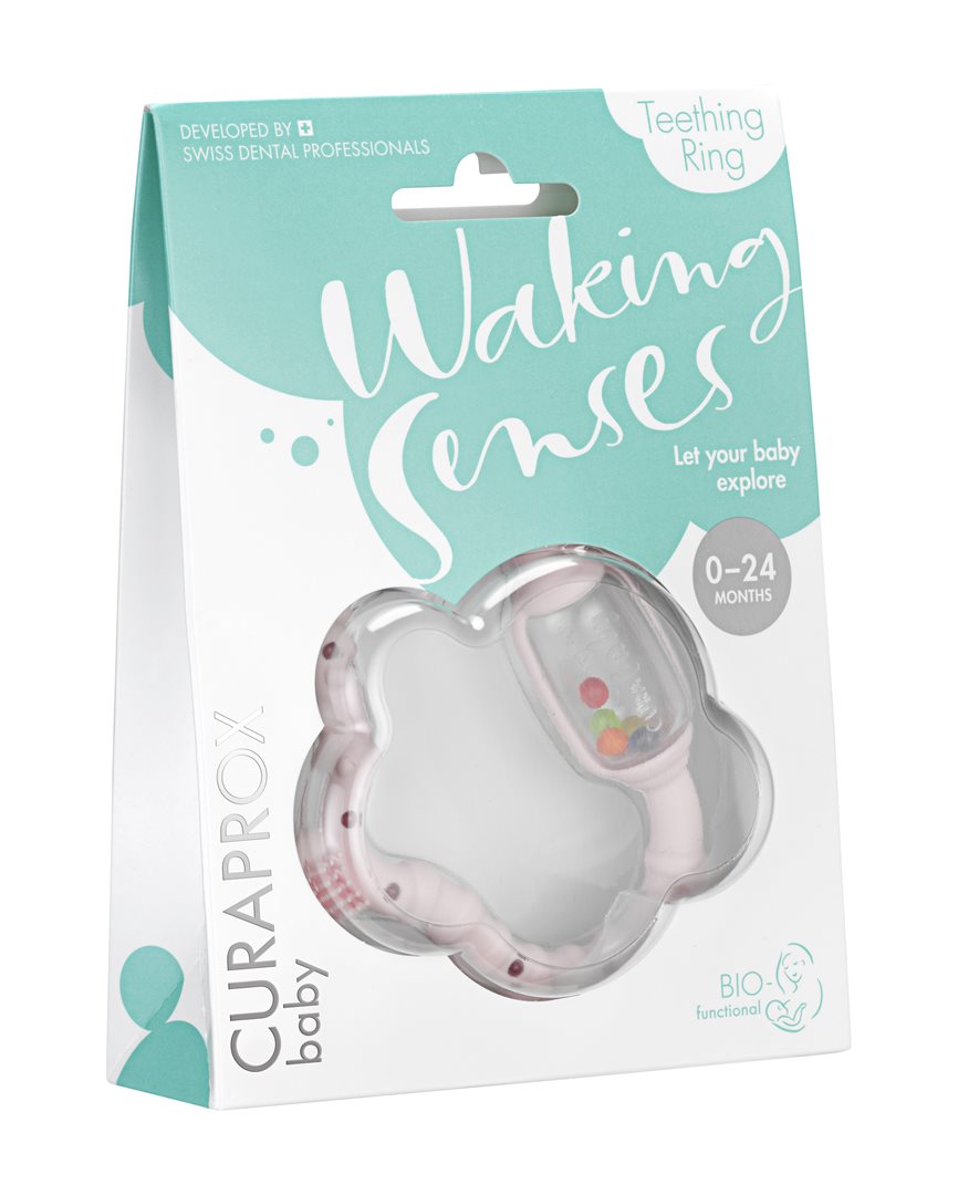 Curaprox Baby Waking Senses Teething ring with a massage brush and rattle