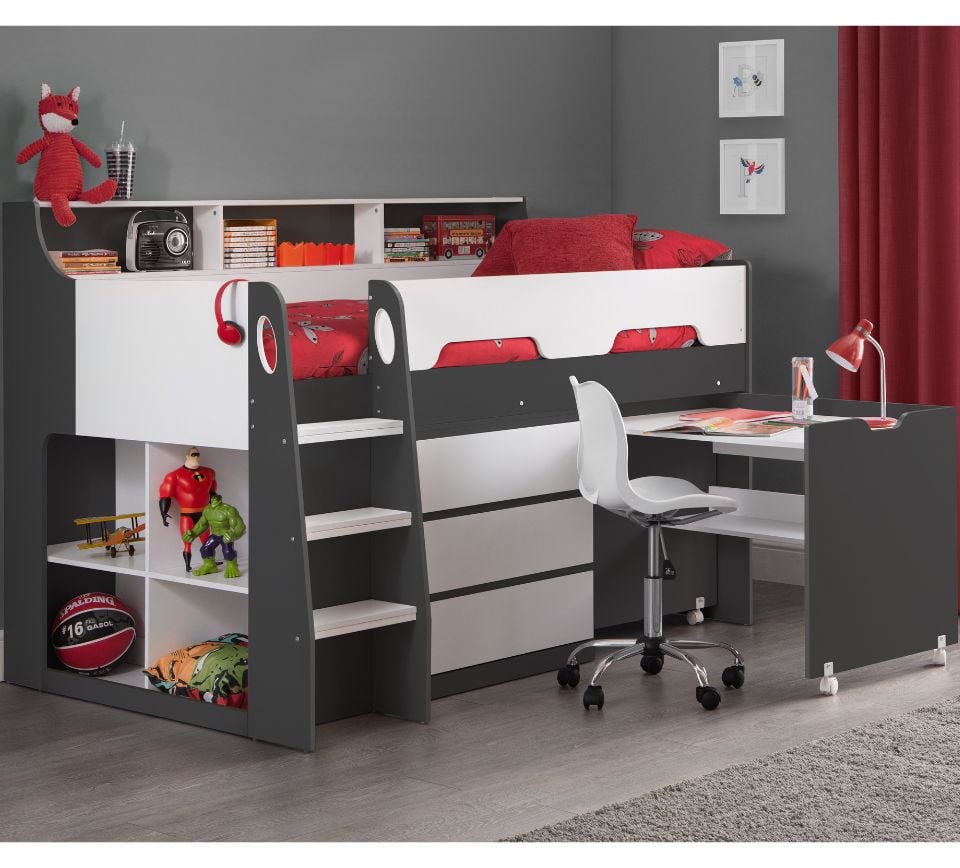 Happy Beds Jupiter - Single - Kids Mid Sleeper Cabin Bed - Grey and White - Wood - 3ft