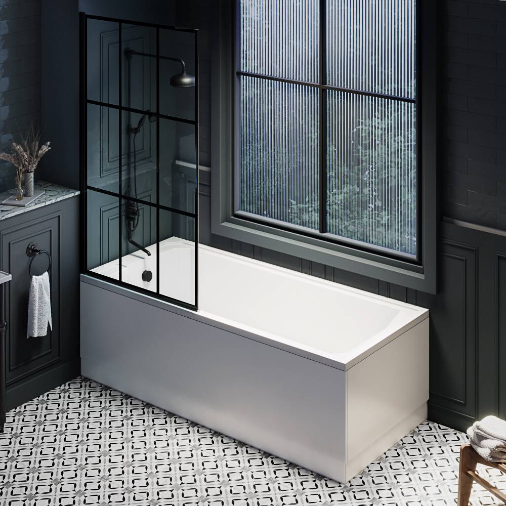 HudsonReed Milano Richmond - 1700mm x 700mm Traditional Single Ended Shower Bath with Black Grid Bath Screen, Side and End Panel