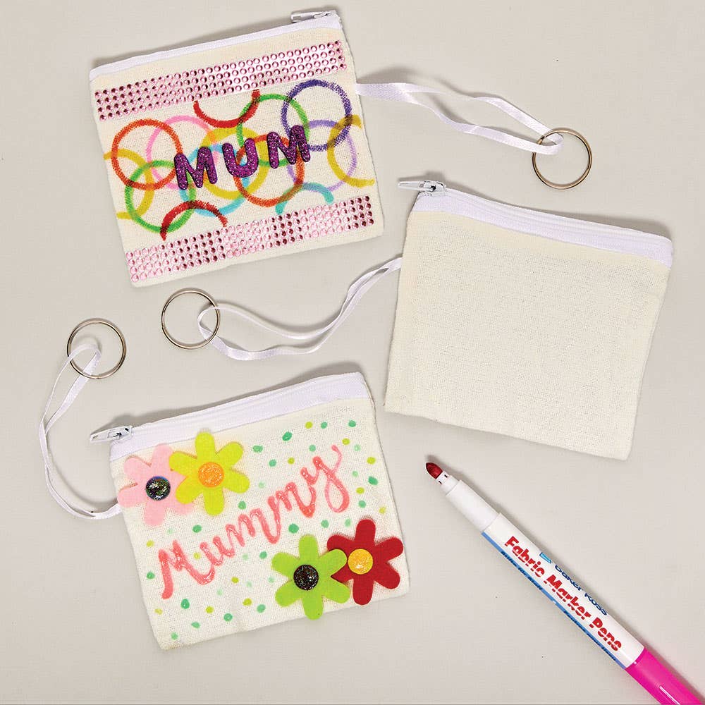 Baker Ross Fabric Keyring Coin Purse - 6 Zipped Calico Keyring Purses. Craft Keyrings For Kids. Size 11.5cm.