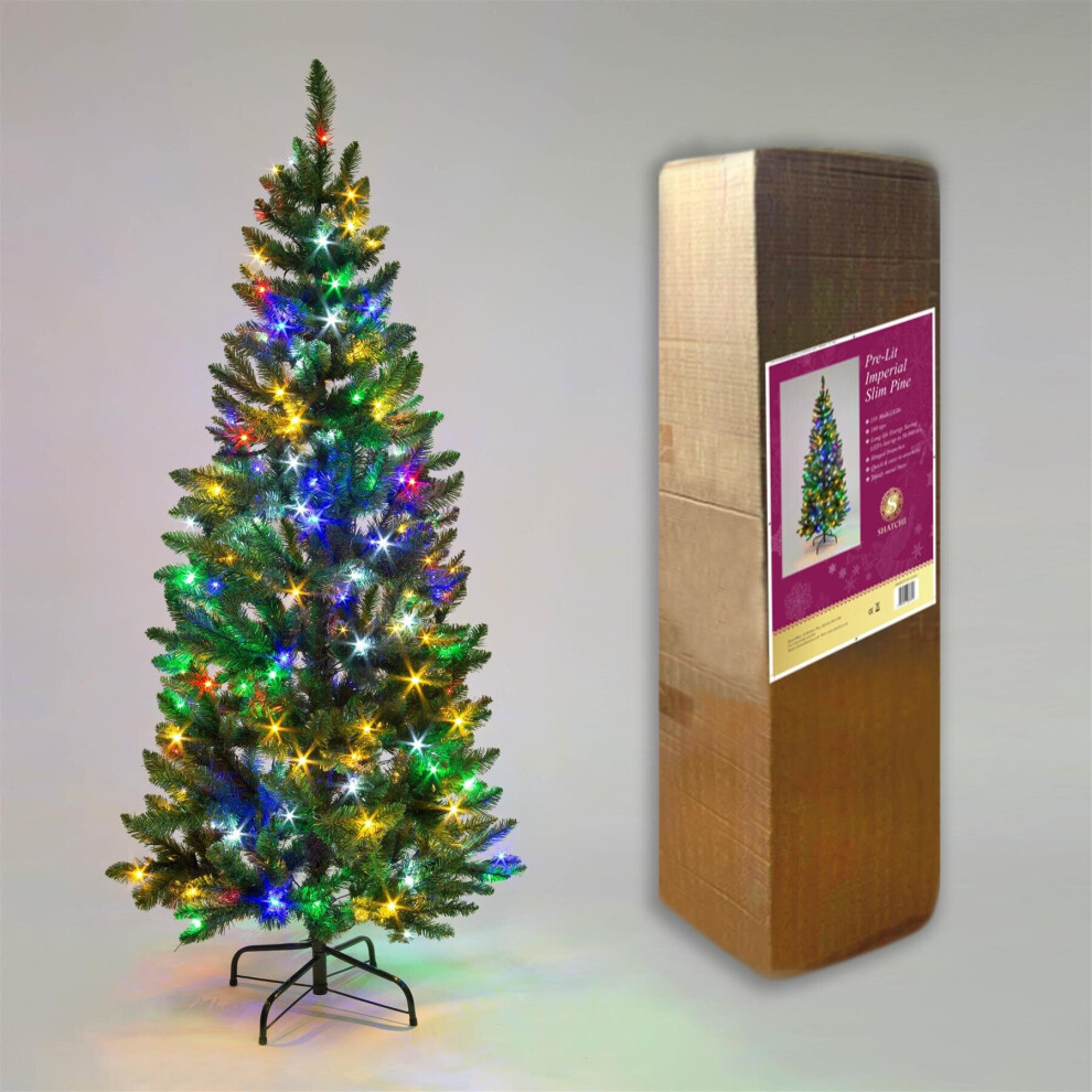SHATCHI 7ft/2.1m Pre Lit Slim Pine Green Tree Christmas,680 Pencil Point Tips,250 Multicolour Leds