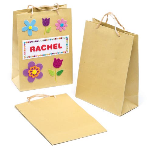 Baker Ross Brown Paper Bags - 6 natural paper gift bags. Each bag comes with a carry handle and is gusseted. Size 22cm x 16cm.