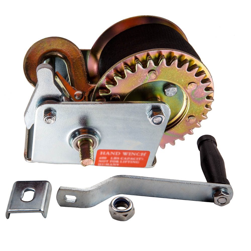 MaXpeedingrods 600lbs Hand Winch Hand Crank Strap Gear Winch ATV Boat Trailer Heavy Duty Black