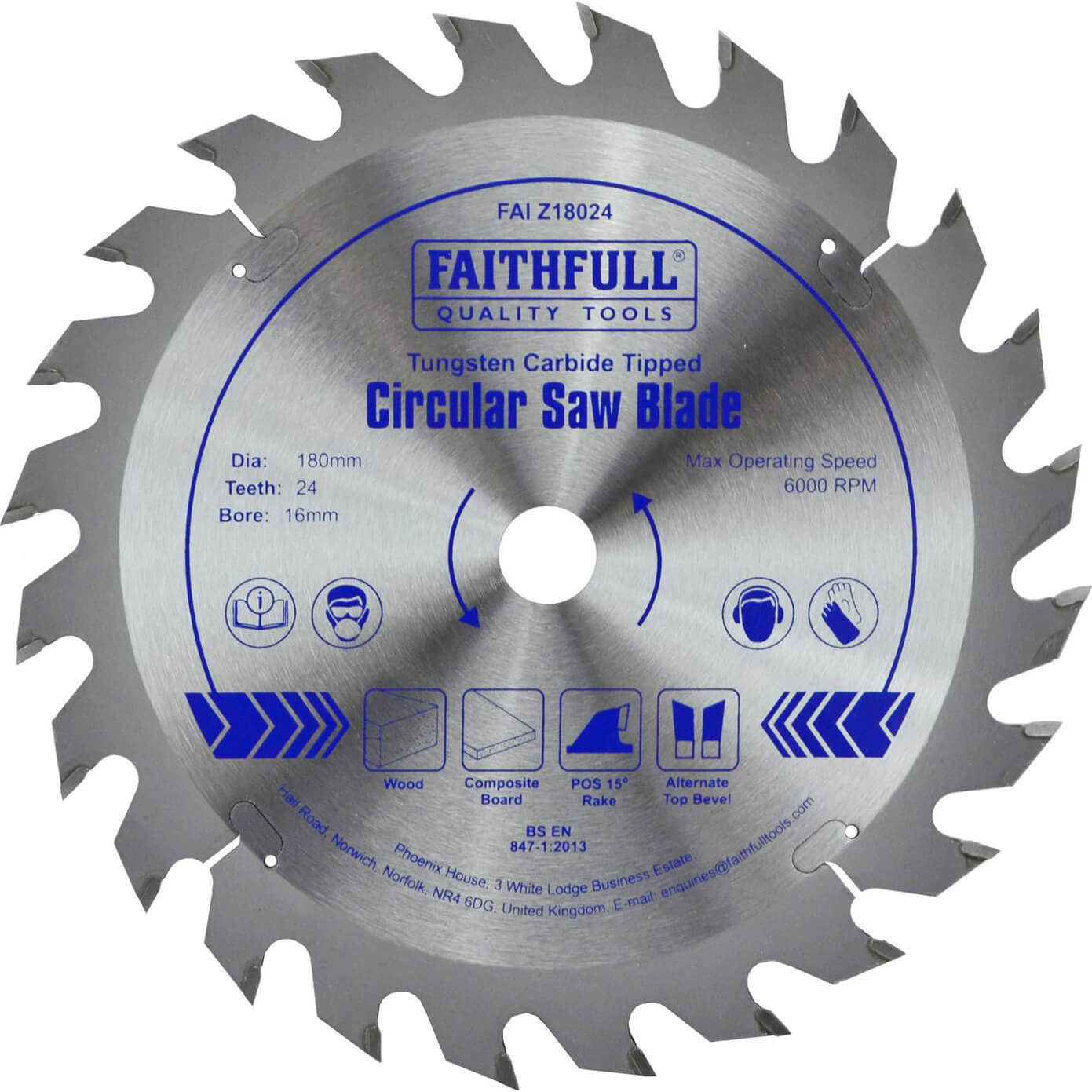 Faithfull TCT Circular Saw Blade 180 x 16 mm x 24T
