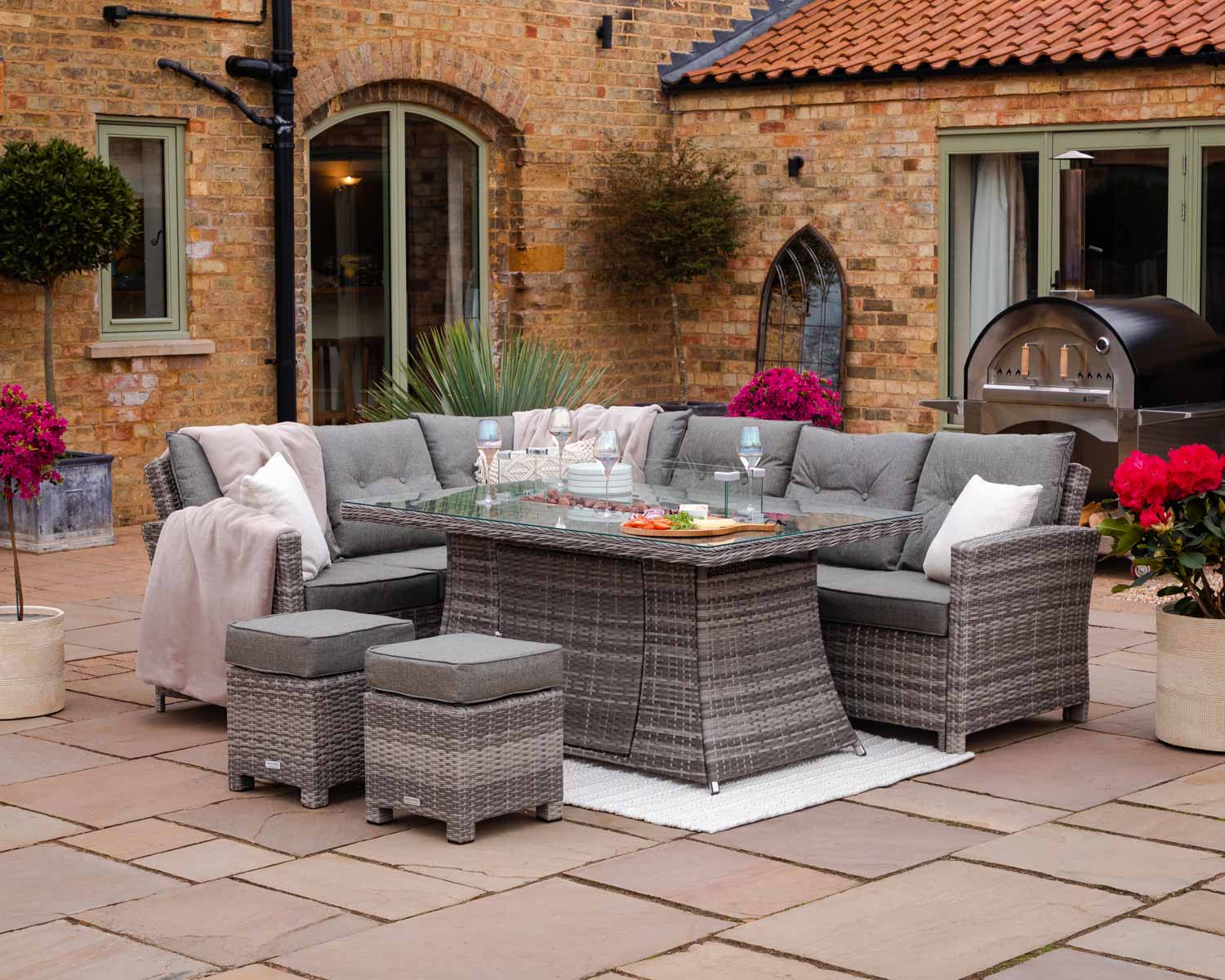 Rattan Direct Sorrento Rattan Garden Corner Dining Set with Square Fire Pit Table in Willow