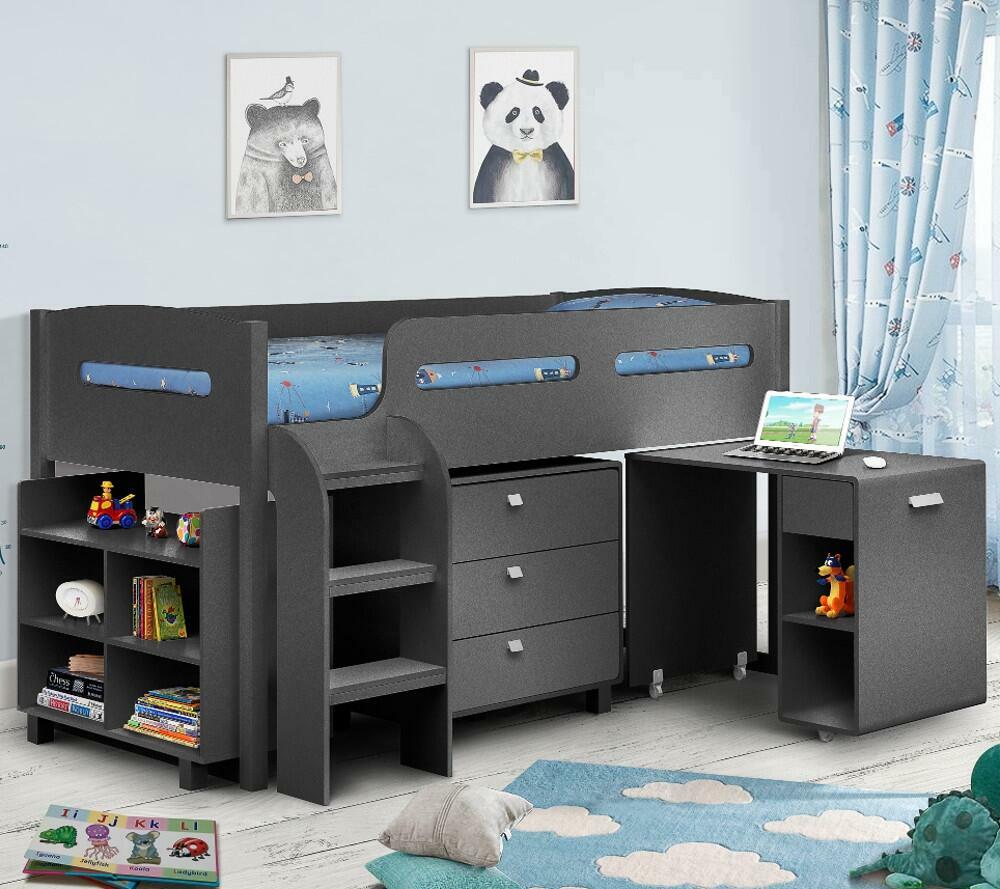Happy Beds Kimbo - Single - Kids Cabin Bed Frame - Dark Grey - Anthracite - Drawers and Desk - 3ft