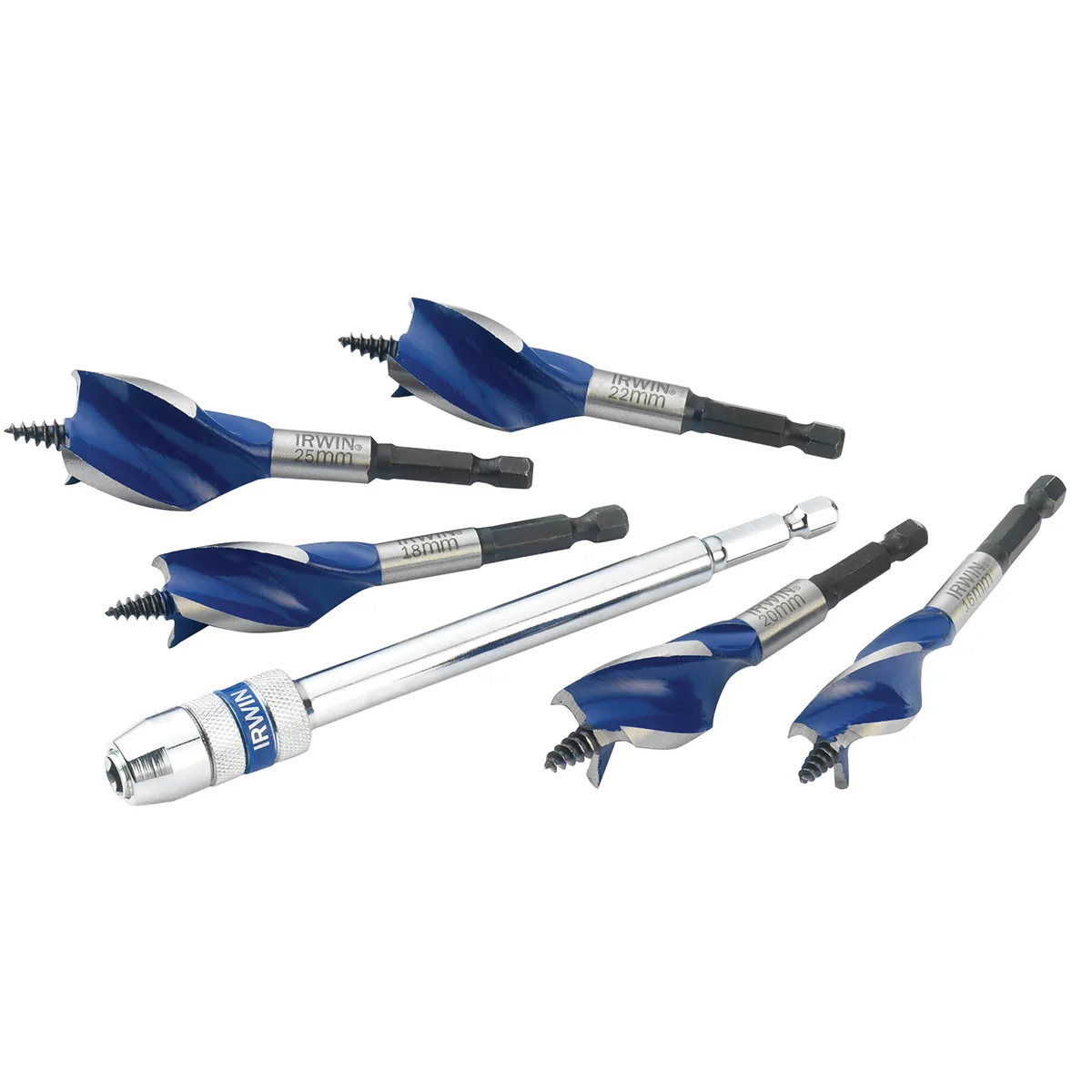 IRWIN 6X Blue Groove Stubby Wood Bit Set 5 Piece 16-25mm + Extension