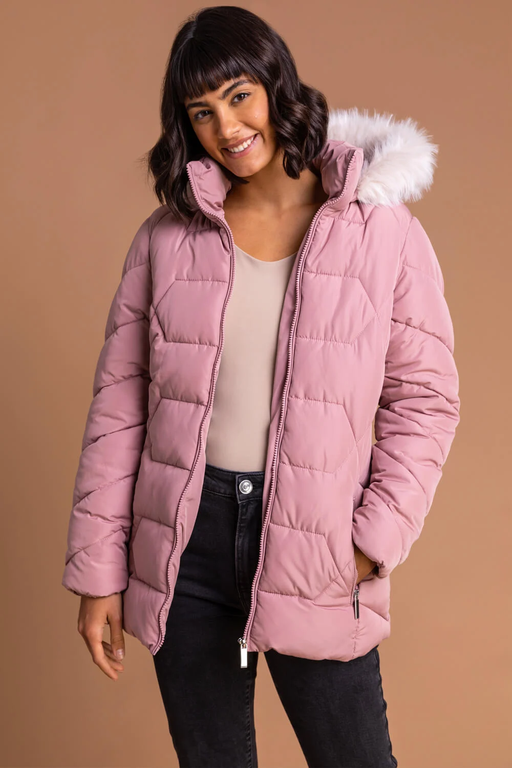 Roman Women's Faux Fur Trim Hooded Coat|Size: 10|light pink