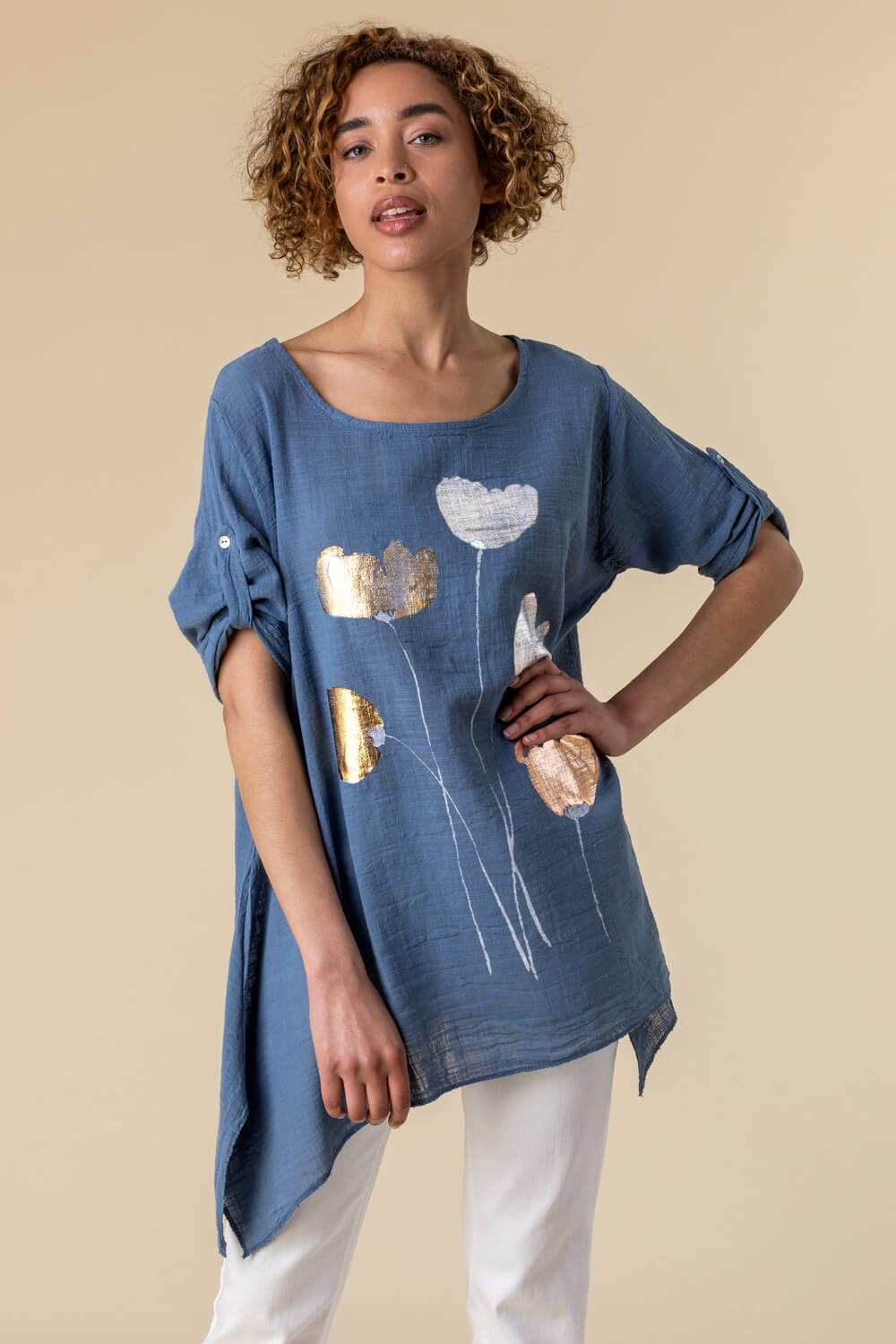 Roman Women's Longline Foil Print Tunic Top|Size: S|mid blue