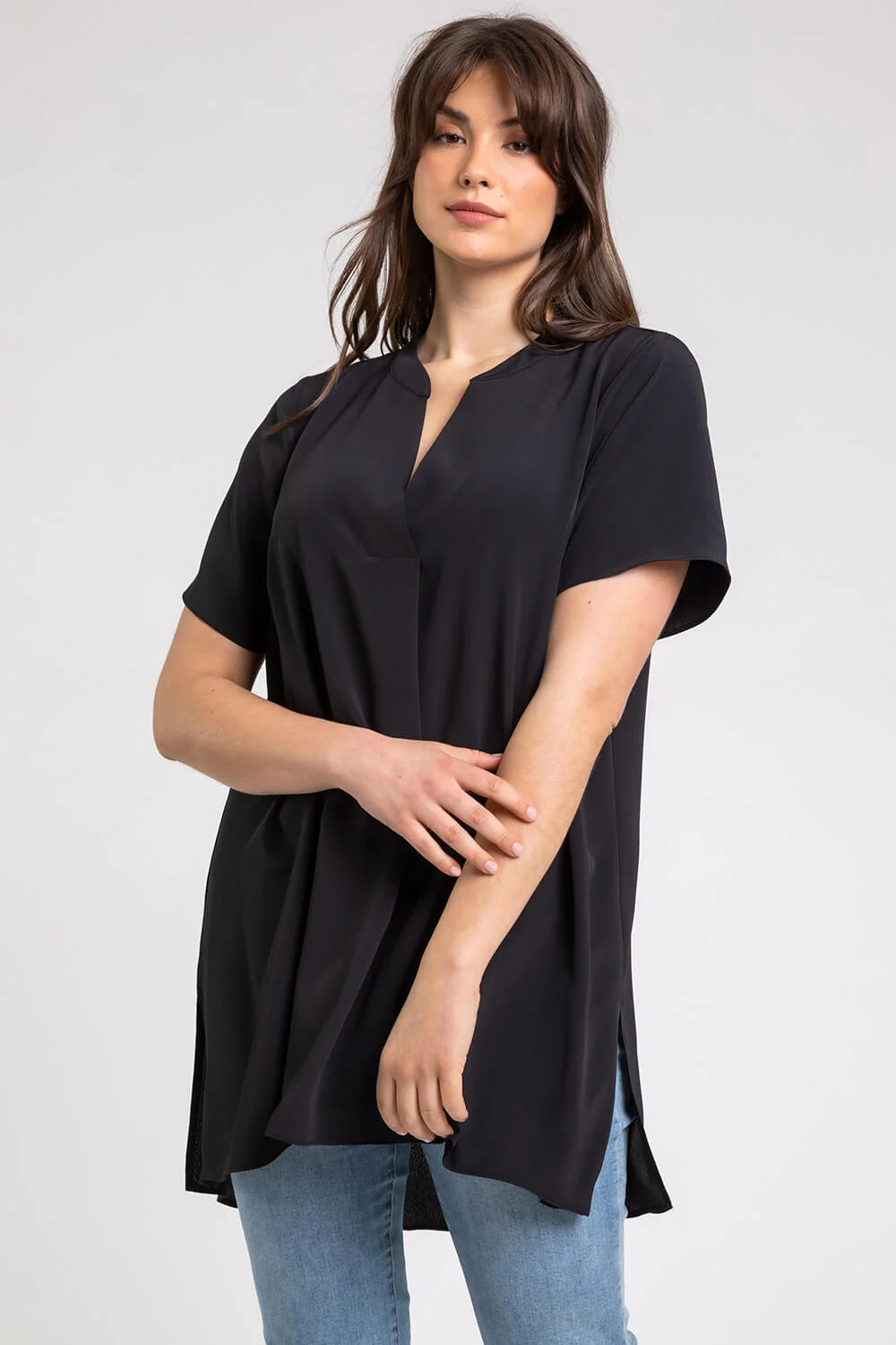 Roman Originals Curve Pleat Detail Tunic Top in Black