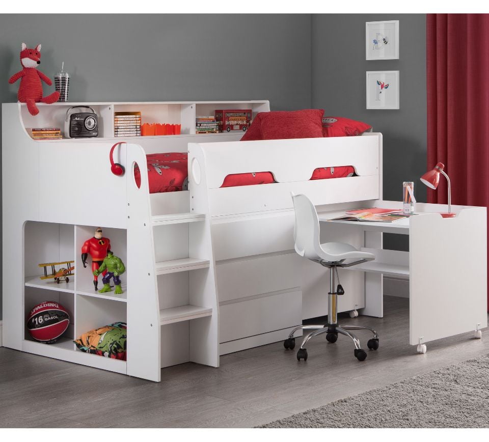 Happy Beds Jupiter - Single - Kids Mid Sleeper Cabin Bed - White - Wood - 3ft
