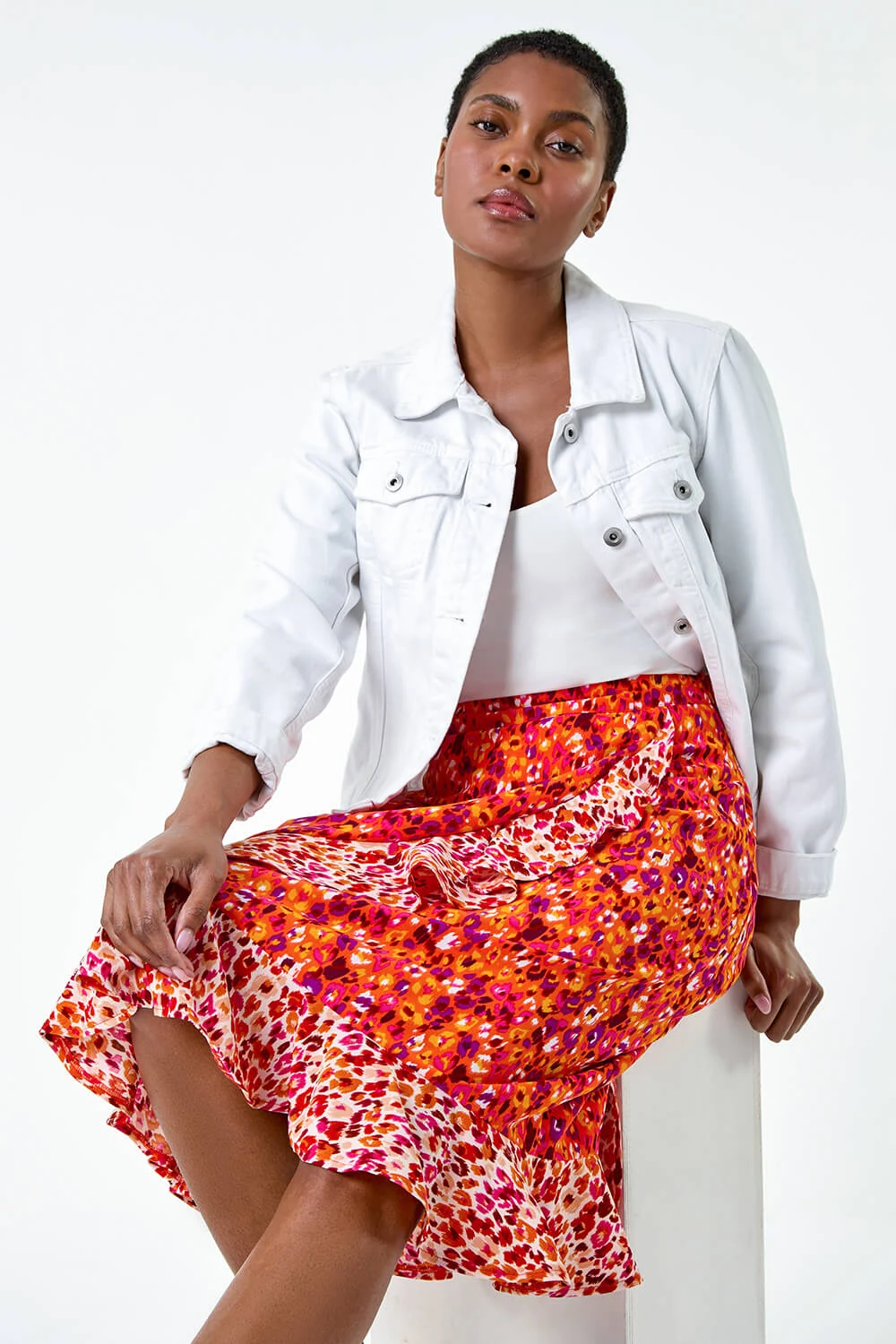 Mixed Animal Print Frill Wrap Skirt in Orange