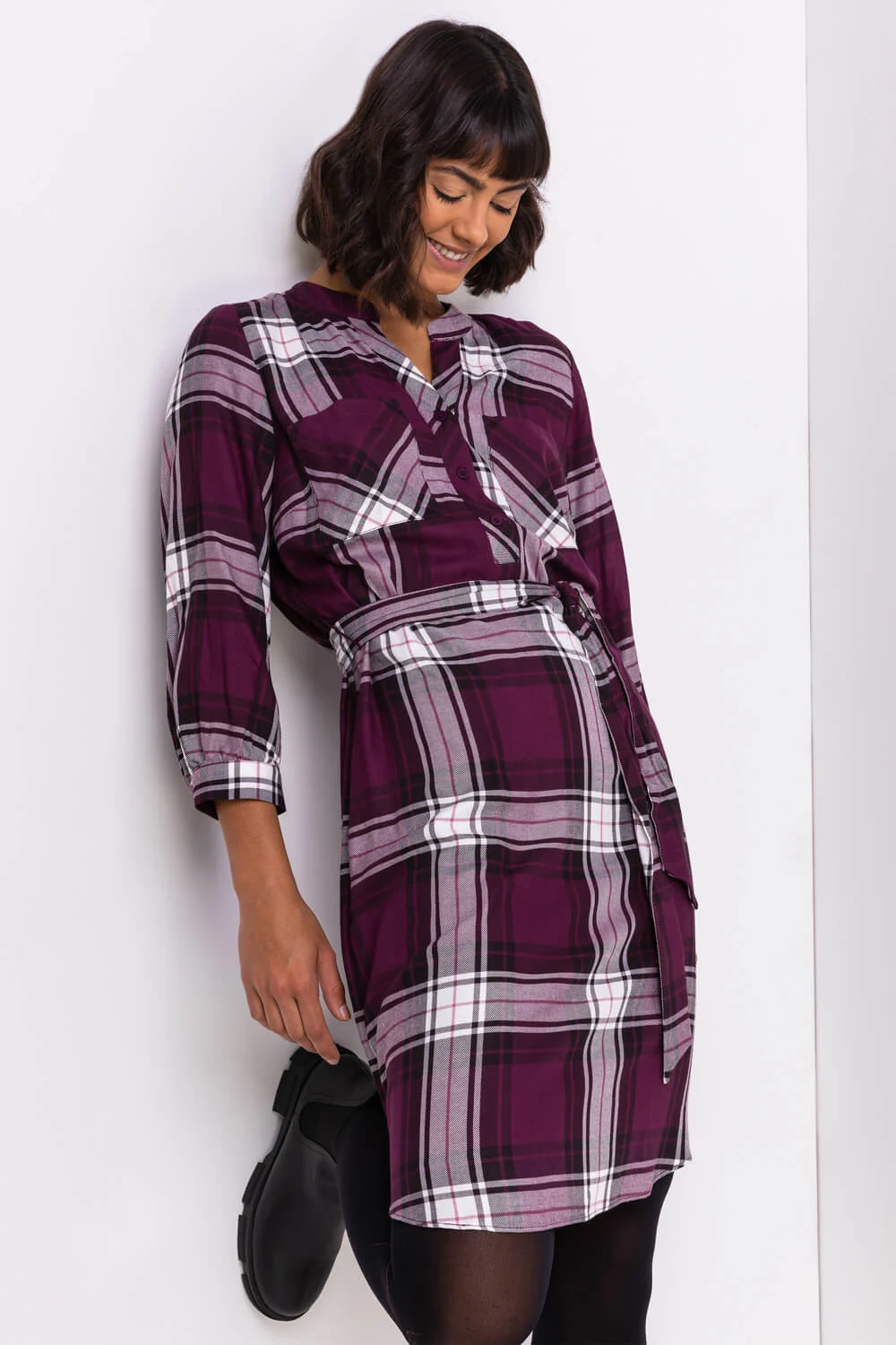 Roman Originals Check Print Shirt Dress in Purple