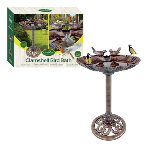 GardenKraft Clam Shell Outdoor Bird Bath With Stones - Brown