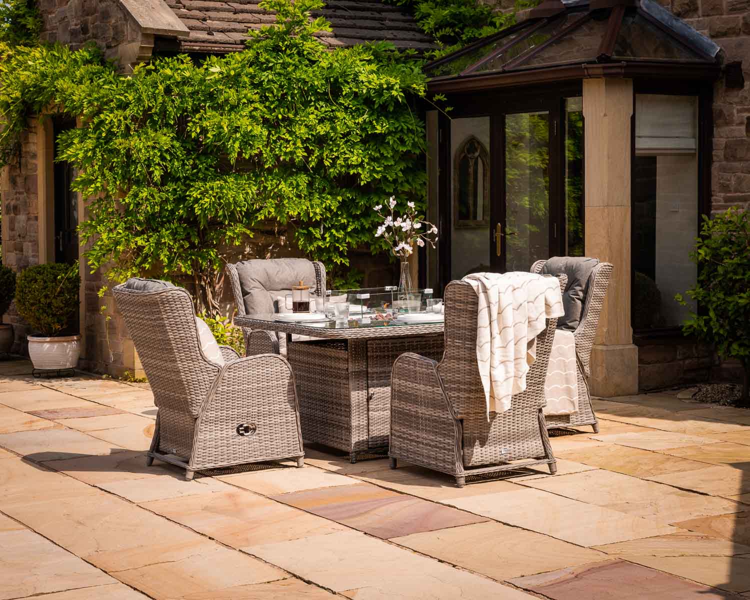 Rattan Direct Cambridge 4 Rattan Garden Chairs &amp; Square Ice Bucket Dining Table in Grey - Cambridge