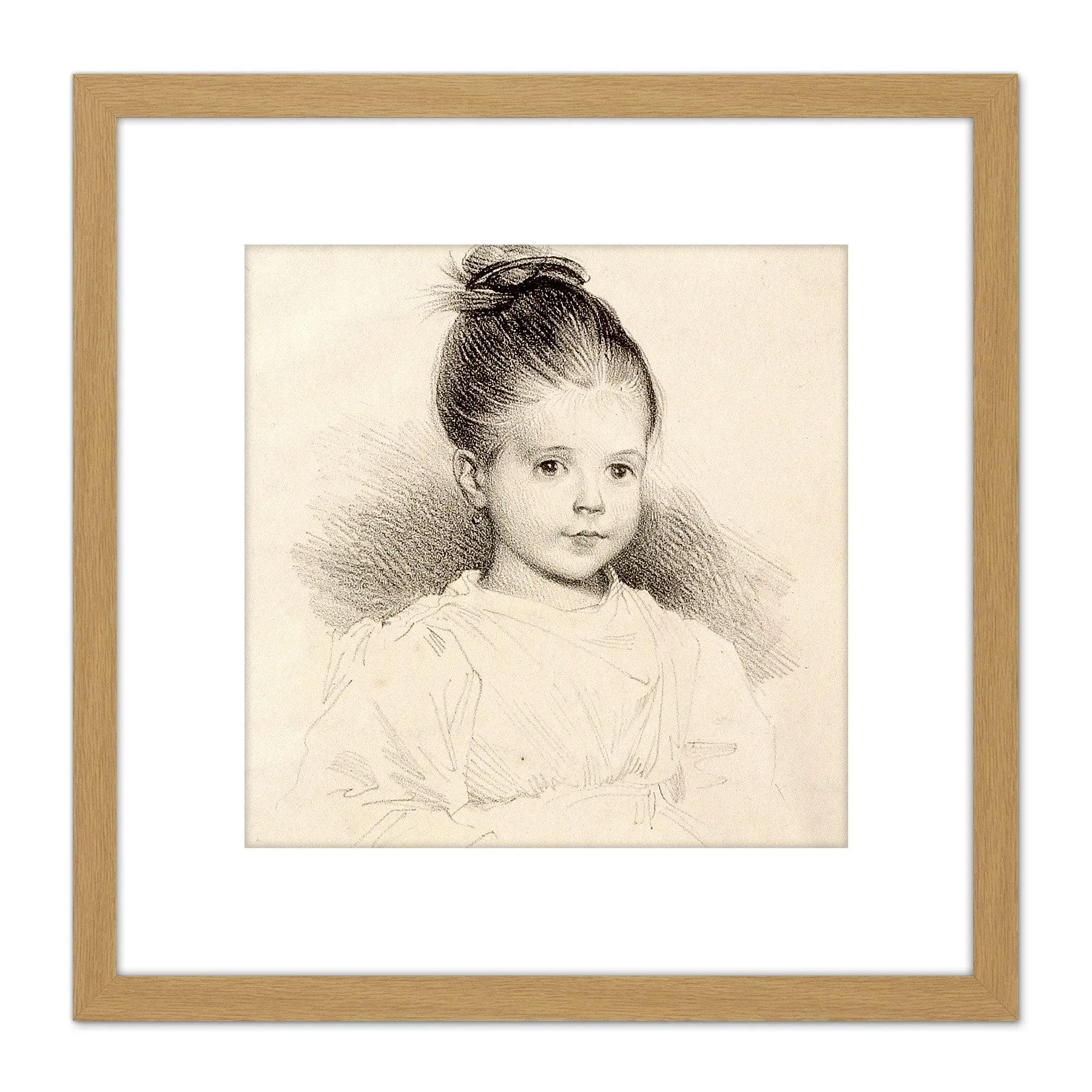 Artery8 Deveria Marie Clerambault Child Portrait Drawing 8X8 Inch Square Wooden Framed Wall Art Print Picture with Mount