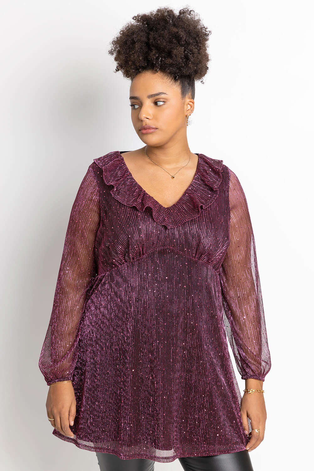 Roman Originals Curve Metallic Plisse Frill Neck Tunic Top in Pink
