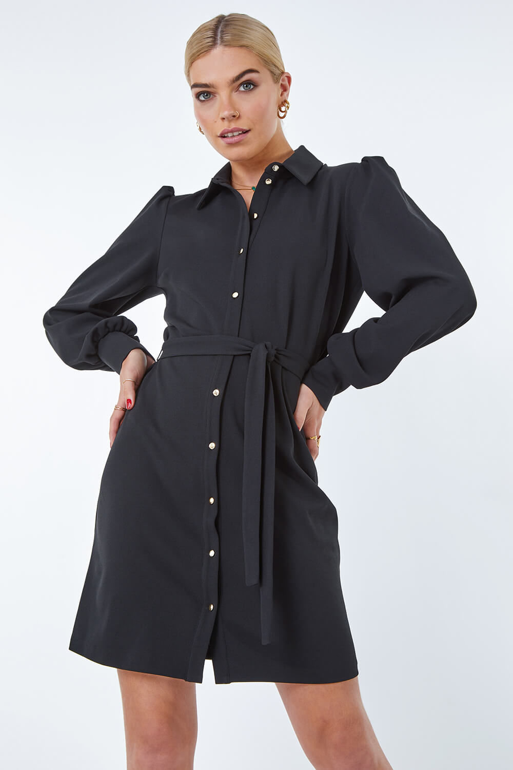 Roman Originals Button Through Belted Shirt Dress in Black