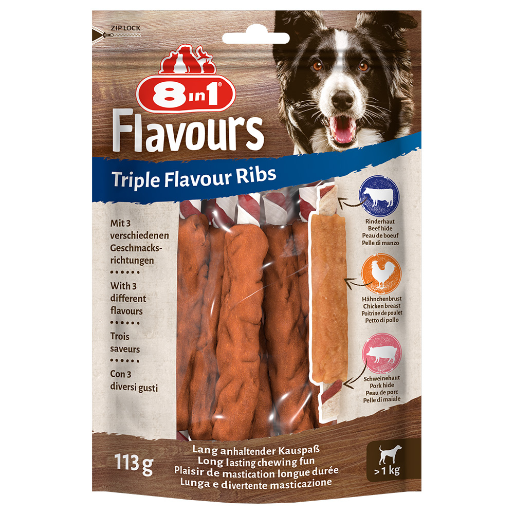 8in1 Triple Flavour Ribs chew sticks for dogs - extra-meaty chew snacks, 113g bag (approx. 6 pieces)