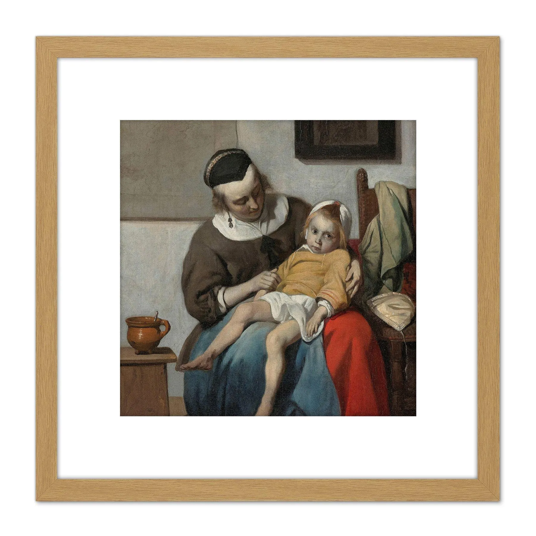 Artery8 Gabriel Metsu The Sick Child Painting 8X8 Inch Square Wooden Framed Wall Art Print Picture with Mount