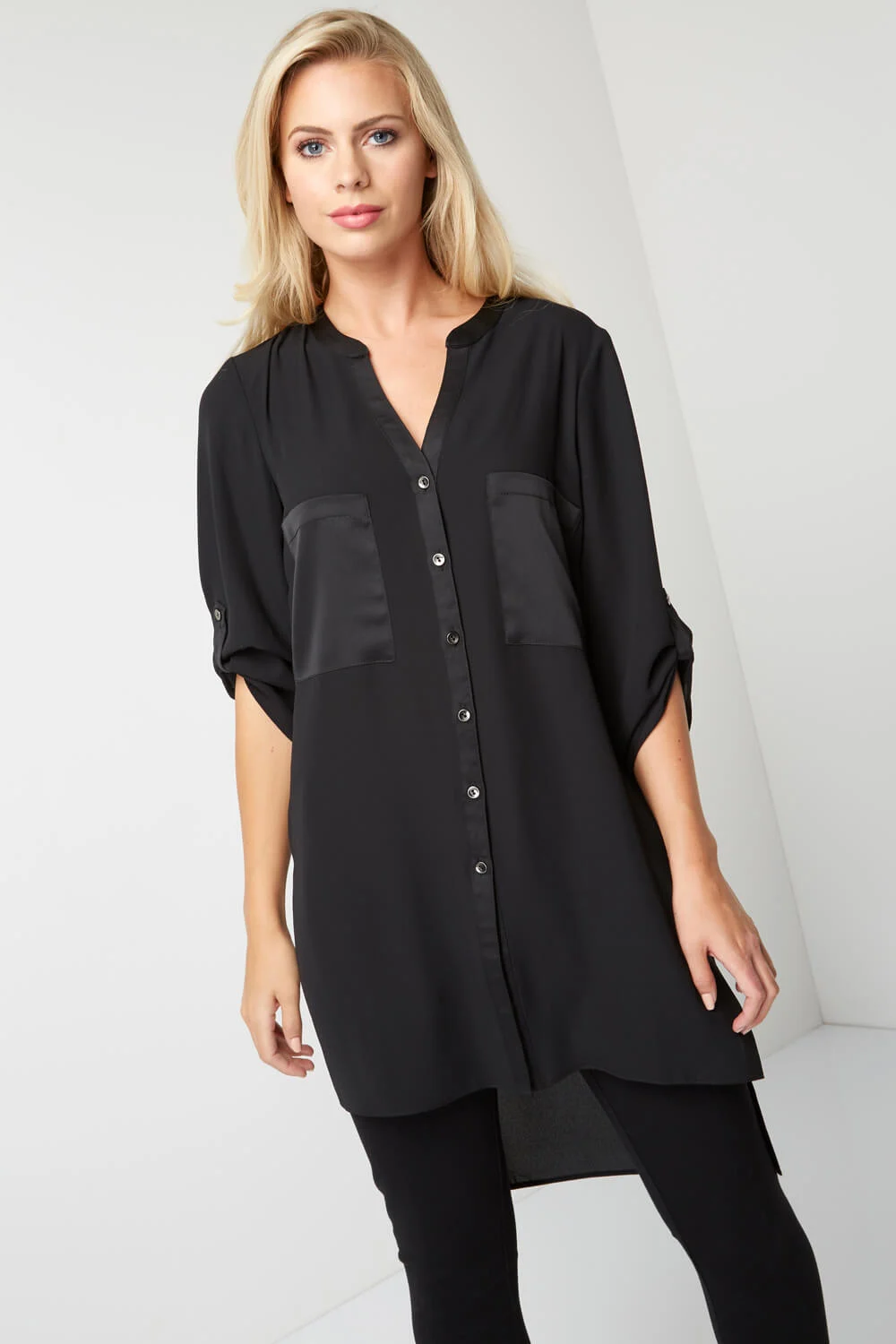 Roman Originals Longline Button Through Blouse in Black